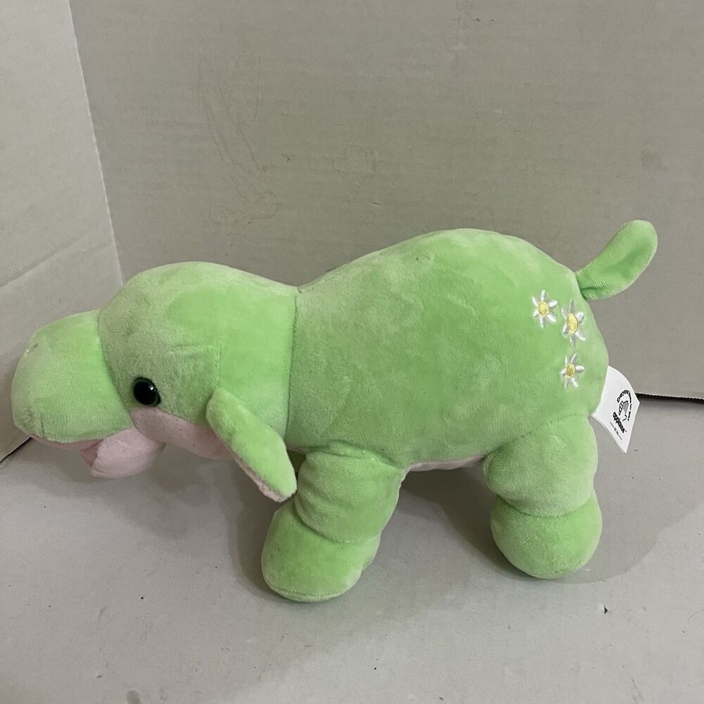 Applause Green Pink Hippo Daisy Plush 11” Stuffed Animal Embroidered Flowers